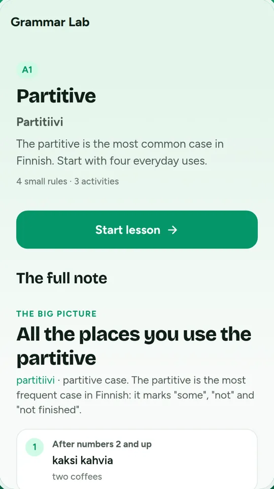 FinnSana Grammar Lab with grammar topics sorted by level