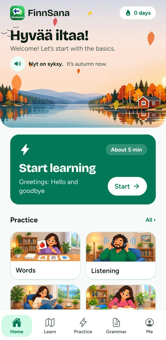 FinnSana home screen with Start learning and practice topics