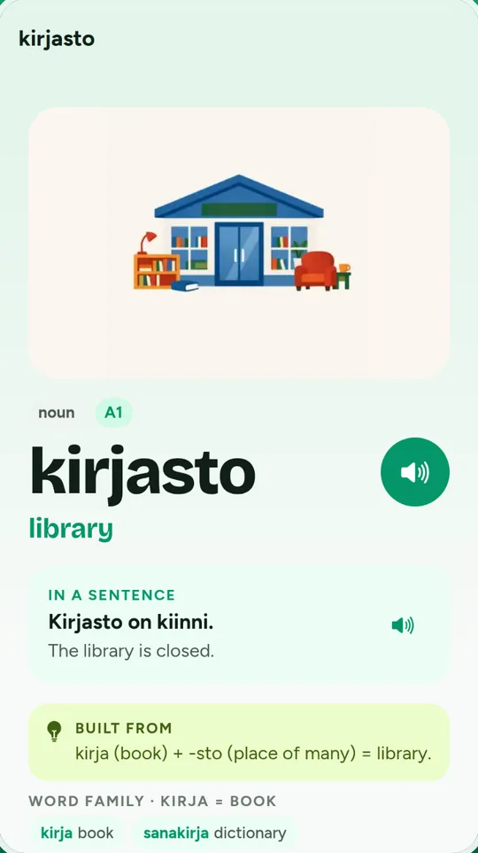 FinnSana word page for flunssa (cold, flu) with a picture, a sound button and an example sentence